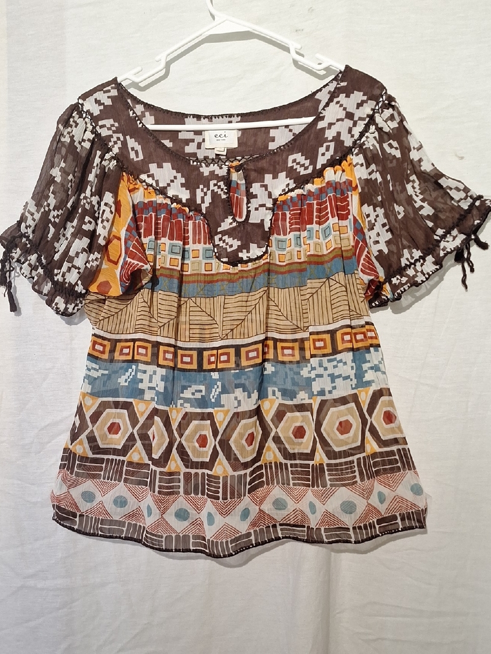 ECI Multicolor Sheer Boho Peasant Blouse - Brown, Blue, Peach, Sz 12, NWIT